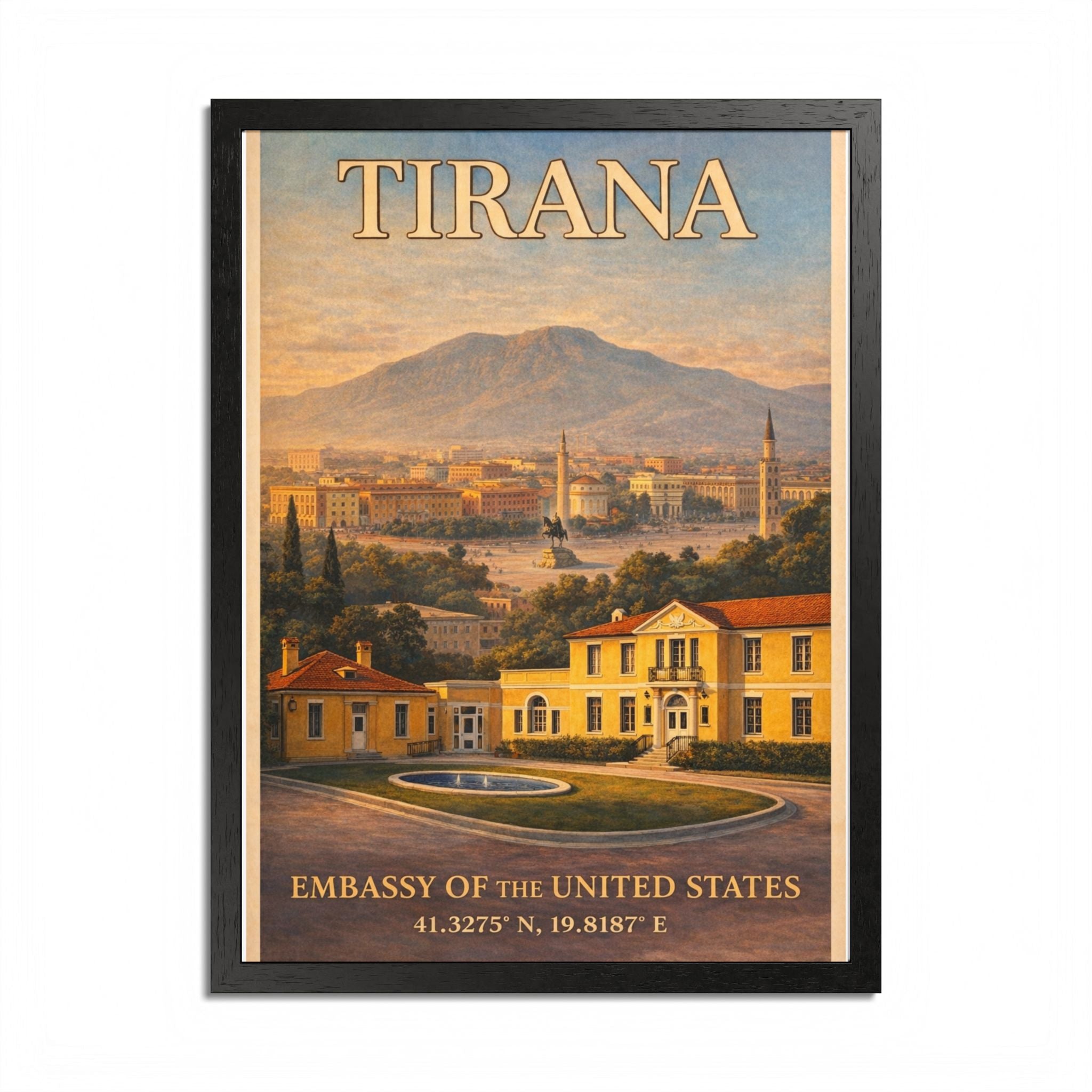 Tirana Embassy Poster framed poster | Vintage travel cityscape