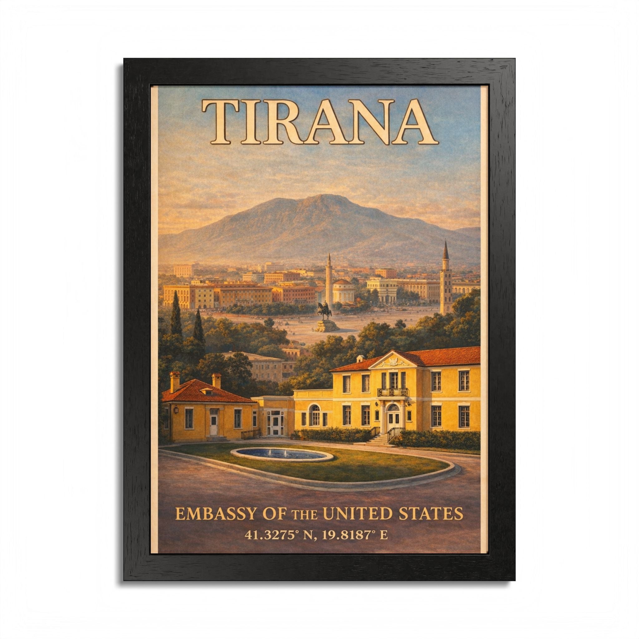 Tirana Embassy Poster framed poster | Vintage travel cityscape