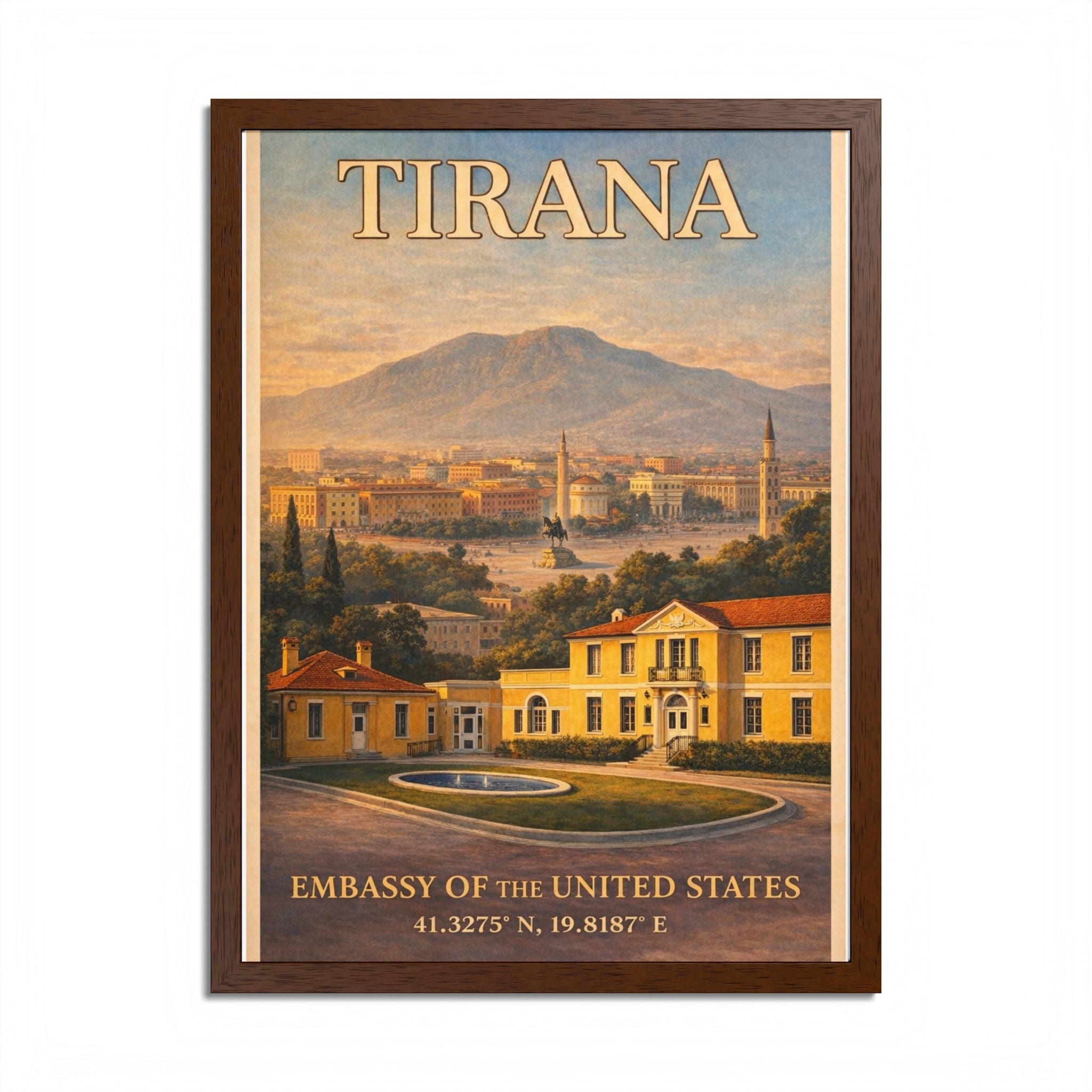 Tirana Embassy Poster framed poster | Vintage travel cityscape