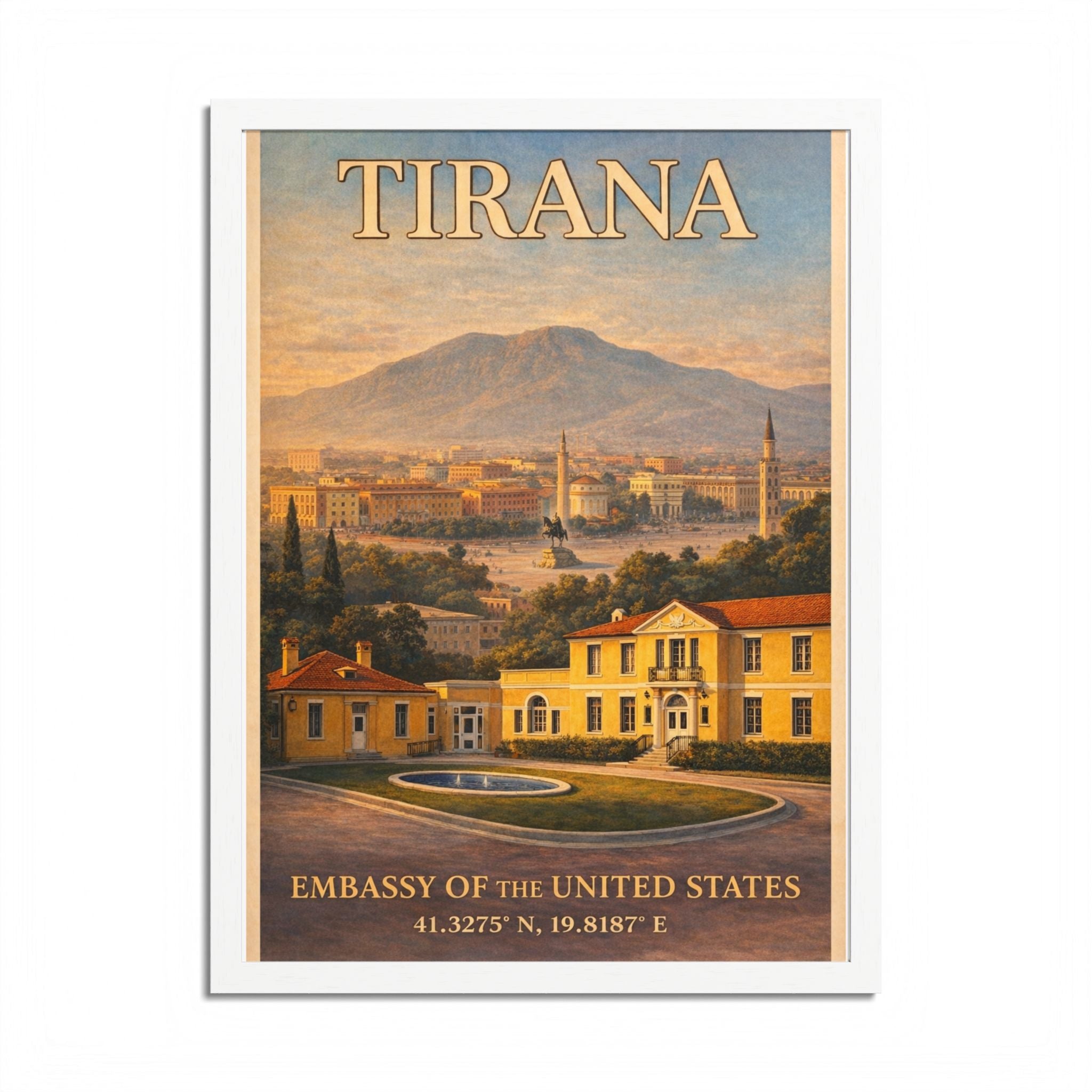 Tirana Embassy Poster framed poster | Vintage travel cityscape
